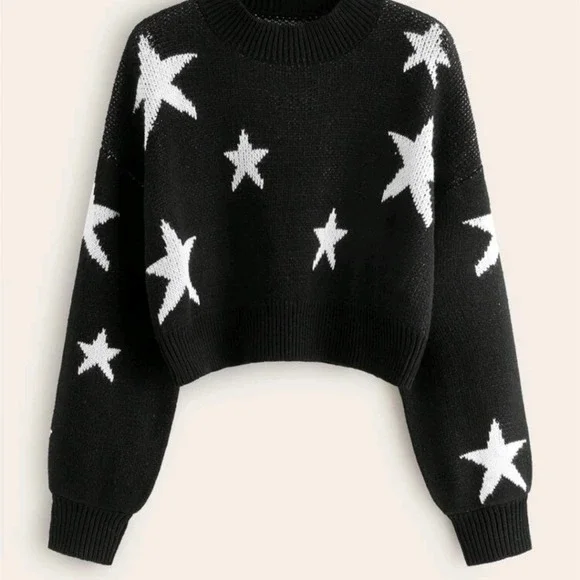 NEW Black Star Drop Shoulder Crop Sweater - Picture 2 of 8
